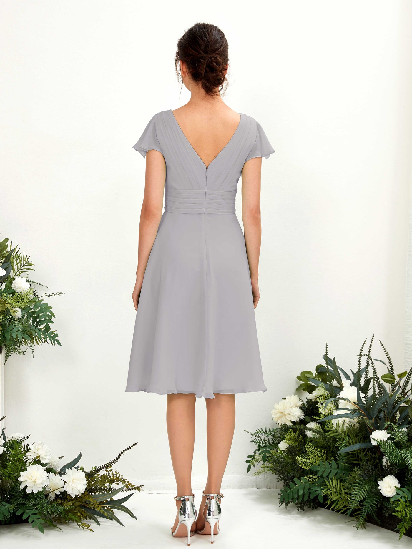 Dove Bridesmaid Dresses Bridesmaid Dress Chiffon V-neck Knee Length Short Sleeves Wedding Party Dress (81220225)#color_dove