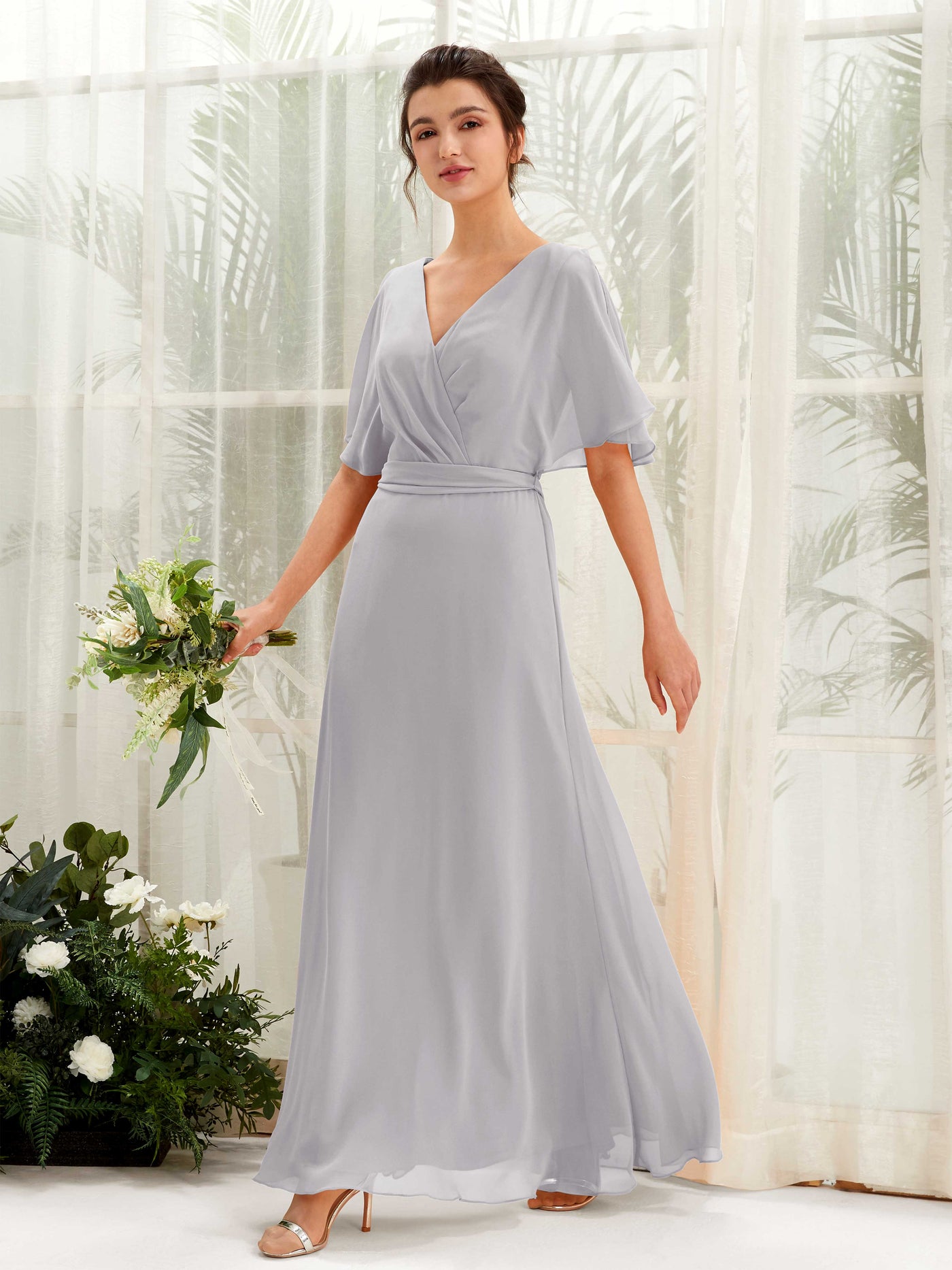 Dove Bridesmaid Dresses Bridesmaid Dress A-line Chiffon V-neck Full Length Short Sleeves Wedding Party Dress (81222425)#color_dove