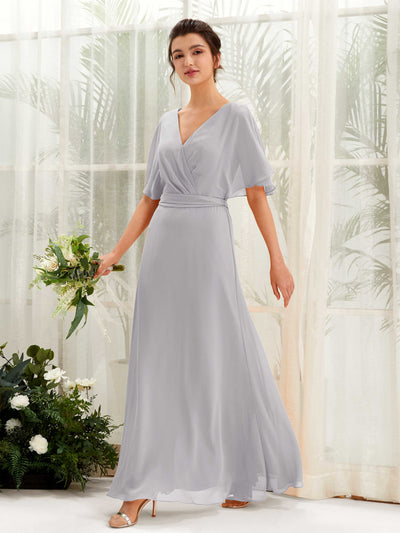 Carlyna Merta A-Line Dove Bridesmaid Dress Maxi Short Sleeve V-Neck Dress Front View #color_dove