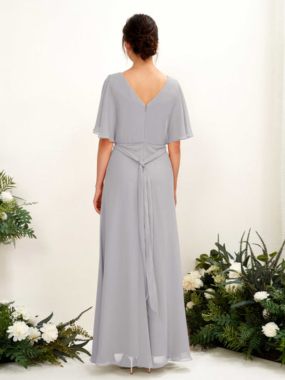 Carlyna Merta A-Line Dove Bridesmaid Dress Maxi Short Sleeve V-Neck Dress Back View #color_dove