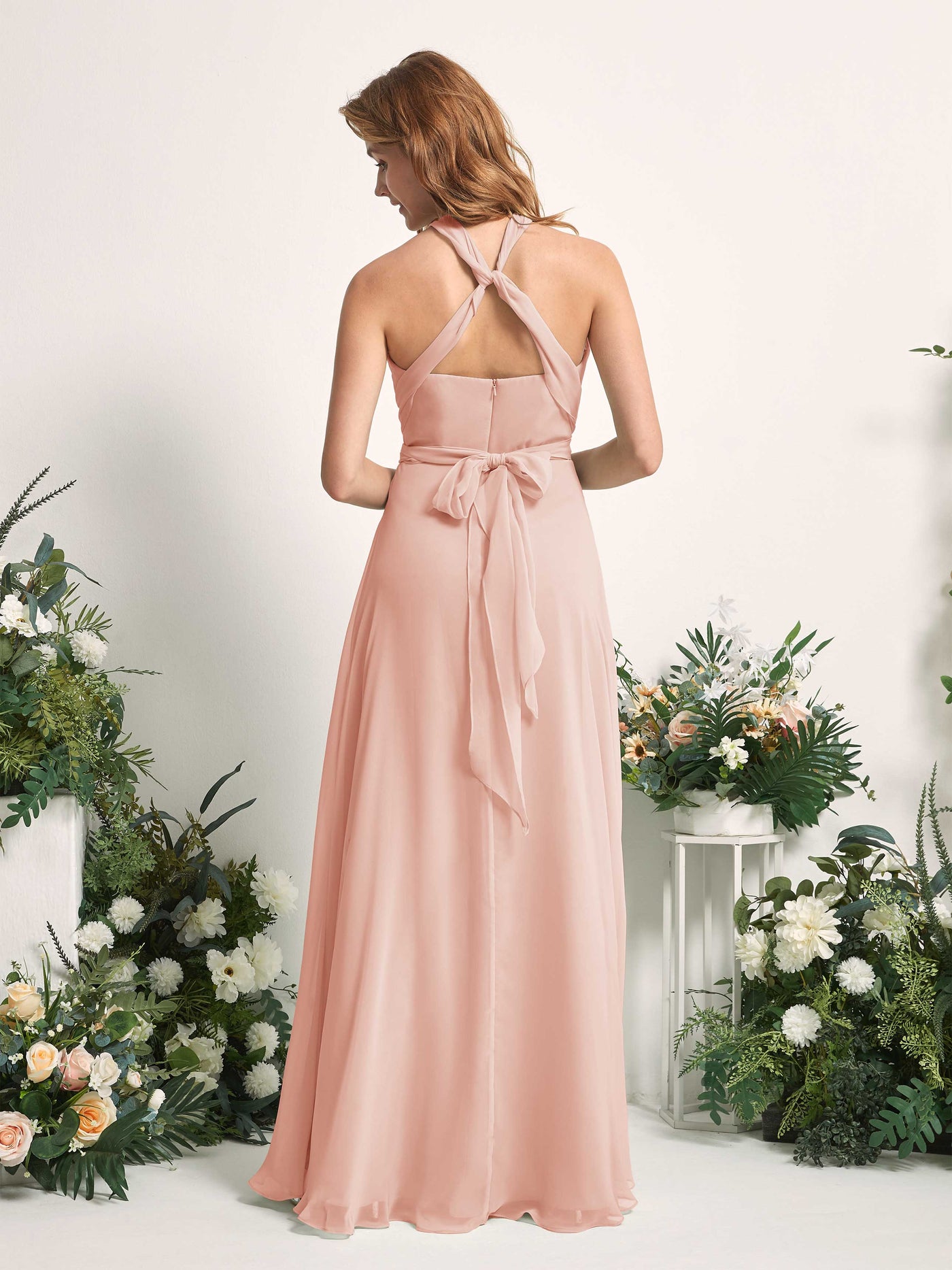 Pearl Pink Bridesmaid Dresses Bridesmaid Dress A-line Chiffon Halter Full Length Short Sleeves Wedding Party Dress (81226308)#color_pearl-pink