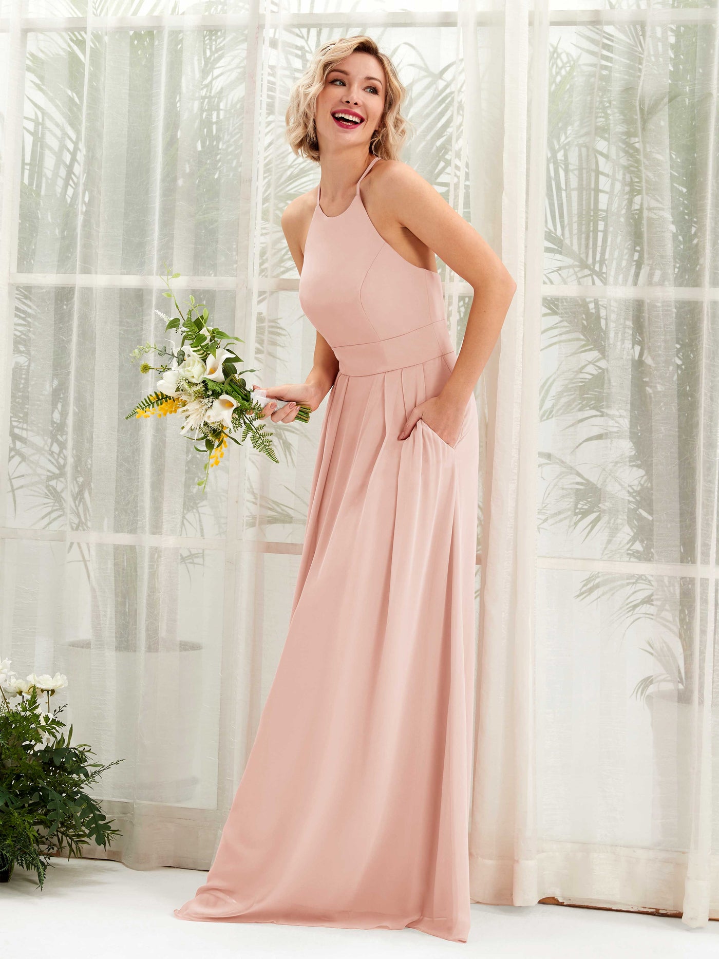 Pearl Pink Bridesmaid Dresses Bridesmaid Dress A-line Chiffon Halter Full Length Sleeveless Wedding Party Dress (81225208)#color_pearl-pink