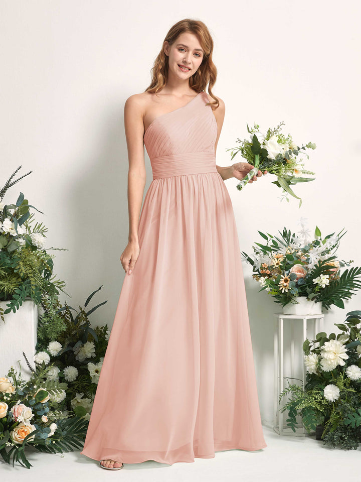 Bridesmaid Dress A-line Chiffon One Shoulder Full Length Sleeveless Wedding Party Dress - Pearl Pink (81226708)