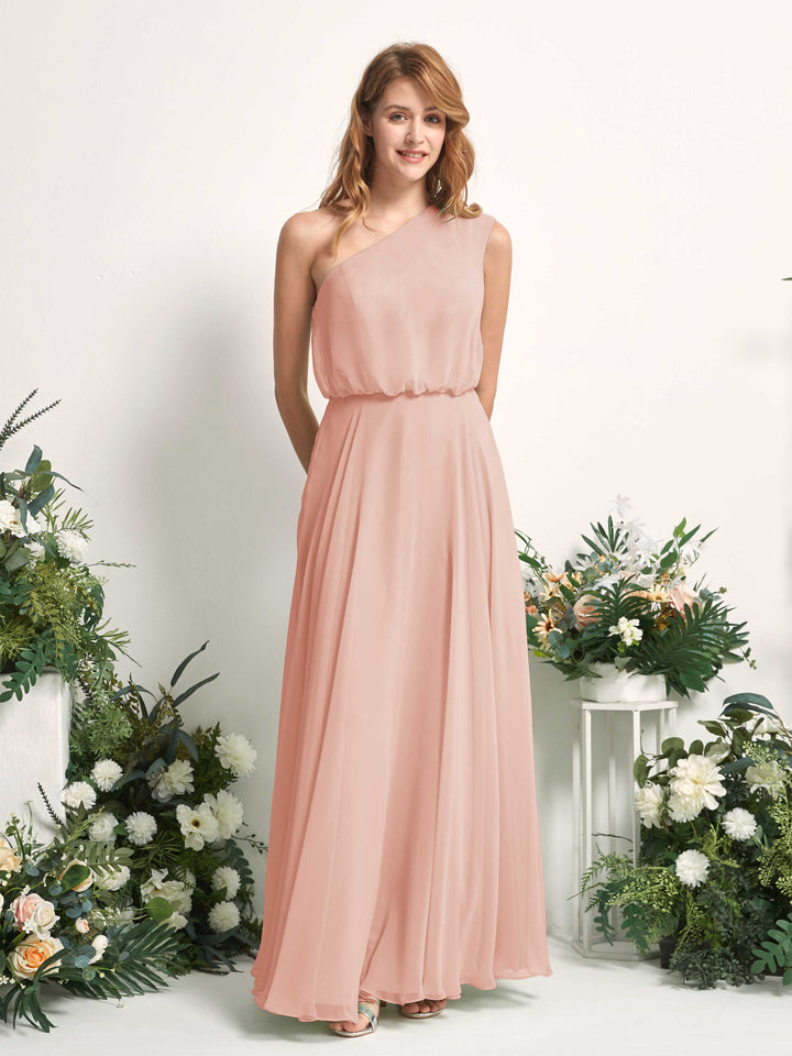 Bridesmaid Dress A-line Chiffon One Shoulder Full Length Sleeveless Wedding Party Dress - Pearl Pink (81226808)