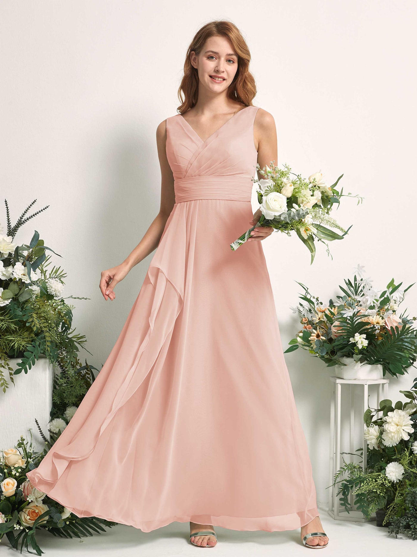 Bridesmaid Dress A-line Chiffon V-neck Full Length Sleeveless Wedding Party Dress - Pearl Pink (81227108)#color_pearl-pink