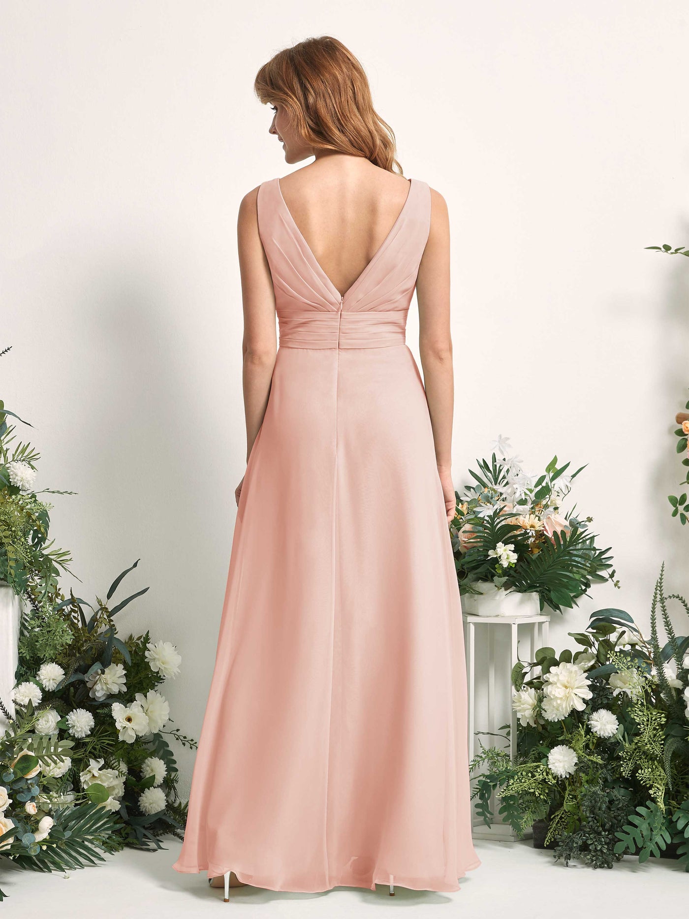 Bridesmaid Dress A-line Chiffon V-neck Full Length Sleeveless Wedding Party Dress - Pearl Pink (81227108)#color_pearl-pink