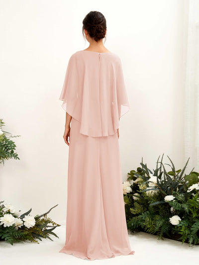 Carlyna Savin Sheath Pearl Pink Bridesmaid Dress Maxi Cap Sleeve Boat Neck Dress Back View #color_pearl-pink