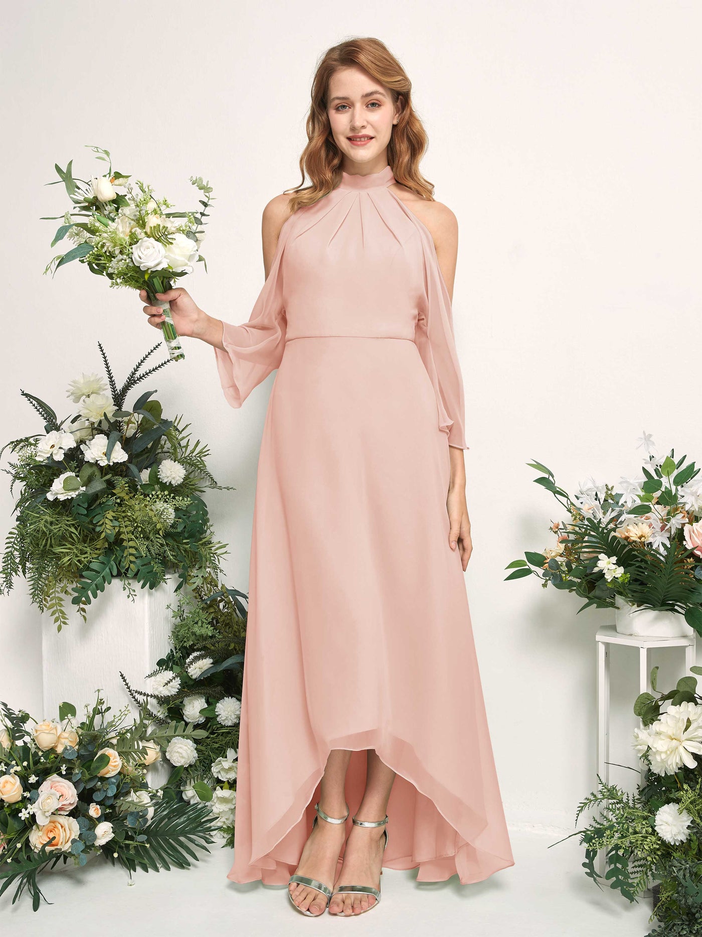 Bridesmaid Dress A-line Chiffon Halter High Low 3/4 Sleeves Wedding Party Dress - Pearl Pink (81227608)#color_pearl-pink