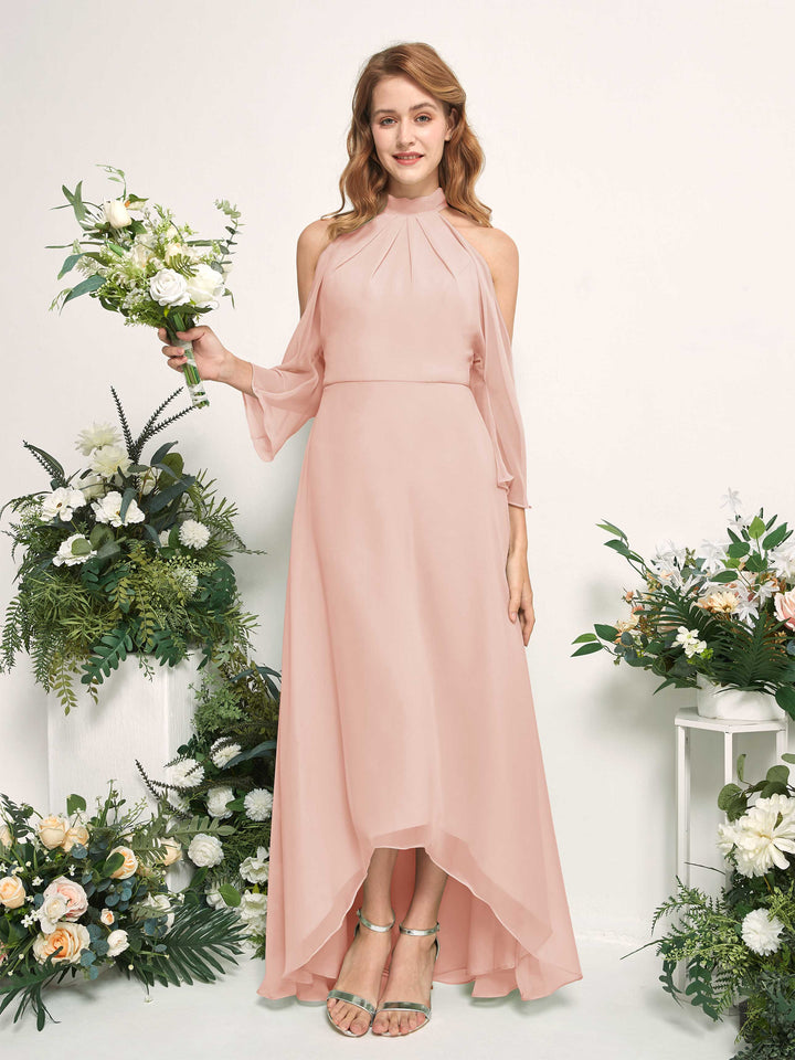 Bridesmaid Dress A-line Chiffon Halter High Low 3/4 Sleeves Wedding Party Dress - Pearl Pink (81227608)