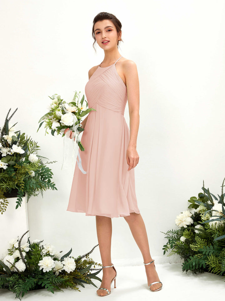 Pearl Pink Bridesmaid Dresses Bridesmaid Dress A-line Chiffon Halter Knee Length Sleeveless Wedding Party Dress (81220408)