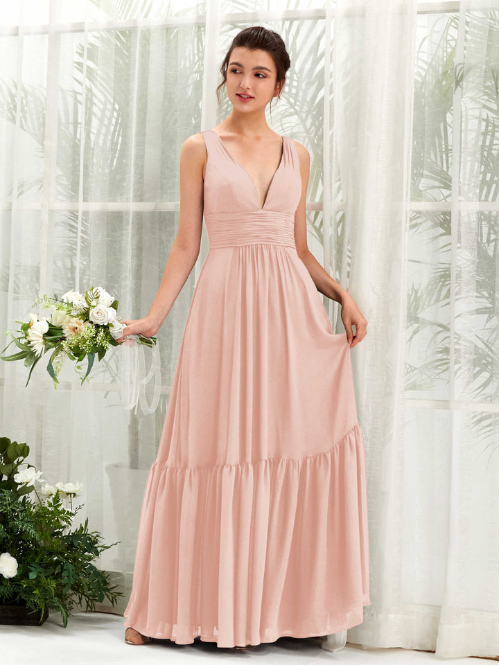 Pearl Pink Bridesmaid Dresses Bridesmaid Dress A-line Chiffon Straps Full Length Sleeveless Wedding Party Dress (80223708)