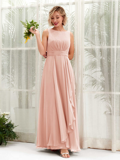 Carlyna Brianna A-Line Pearl Pink Bridesmaid Dress Maxi Sleeveless Boat Neck Dress Front View #color_pearl-pink