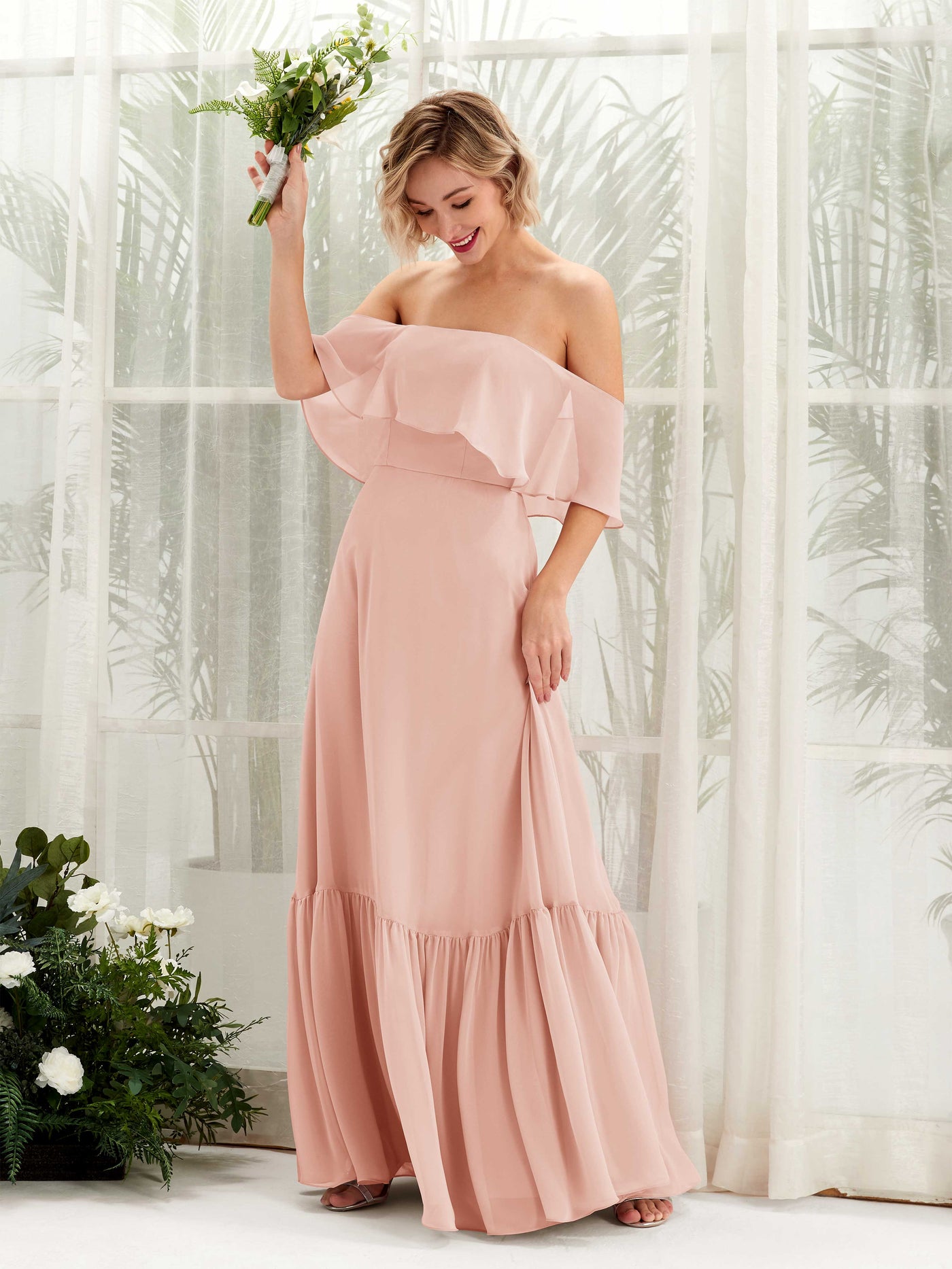 Pearl Pink Bridesmaid Dresses Bridesmaid Dress A-line Chiffon Off Shoulder Full Length Sleeveless Wedding Party Dress (81224508)#color_pearl-pink