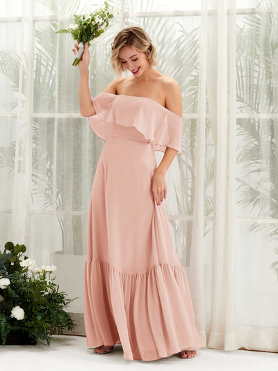 Carlyna Joie A-Line Pearl Pink Bridesmaid Dress Maxi Sleeveless Off the Shoulder Dress Front View #color_pearl-pink