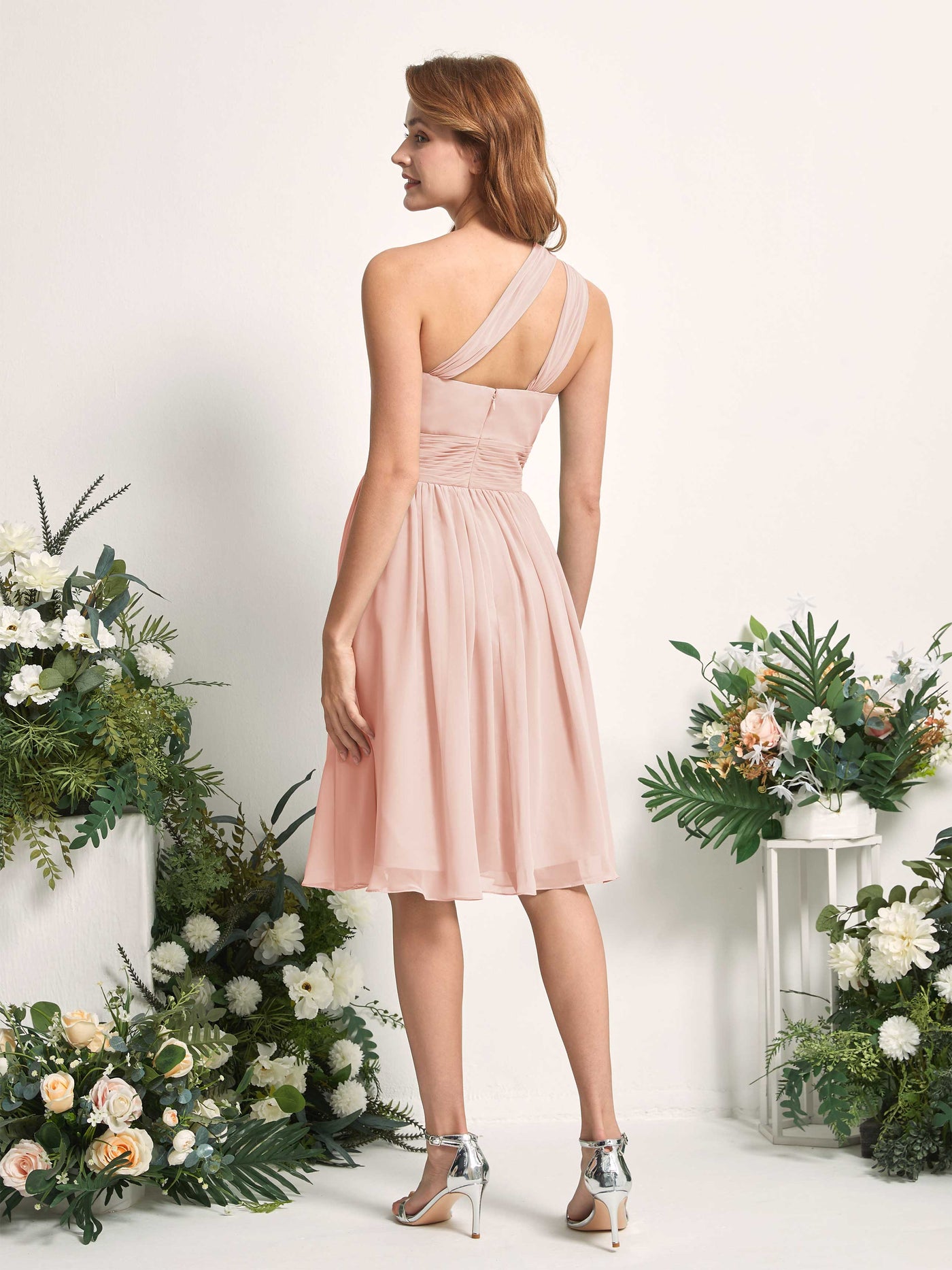 Bridesmaid Dress A-line Chiffon One Shoulder Knee Length Sleeveless Wedding Party Dress - Pearl Pink (81221208)#color_pearl-pink