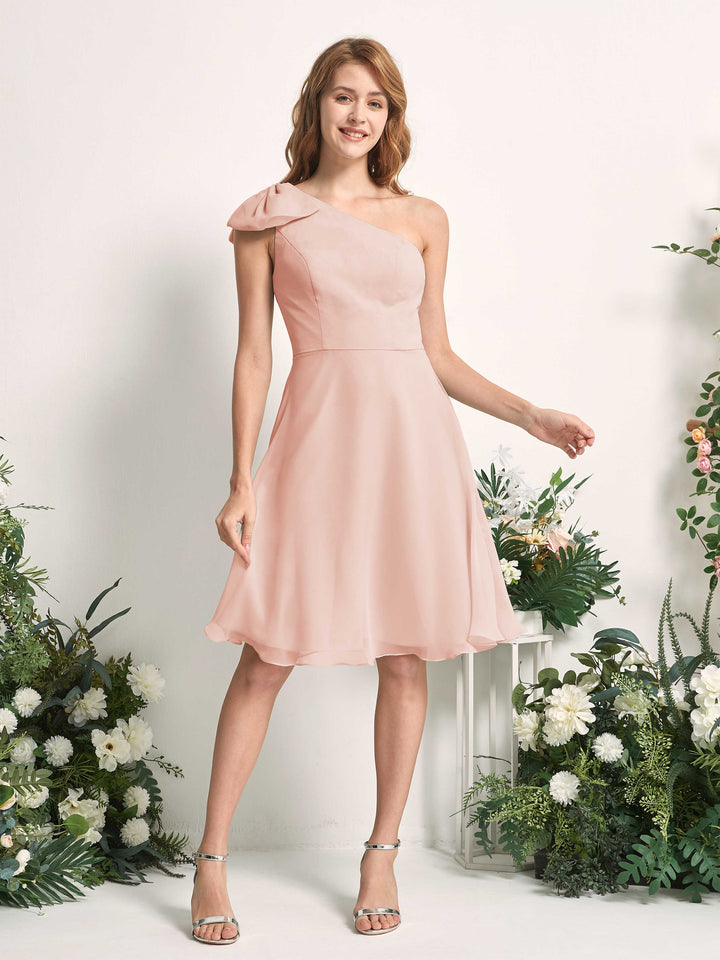 Bridesmaid Dress A-line Chiffon One Shoulder Knee Length Sleeveless Wedding Party Dress - Pearl Pink (81227008)