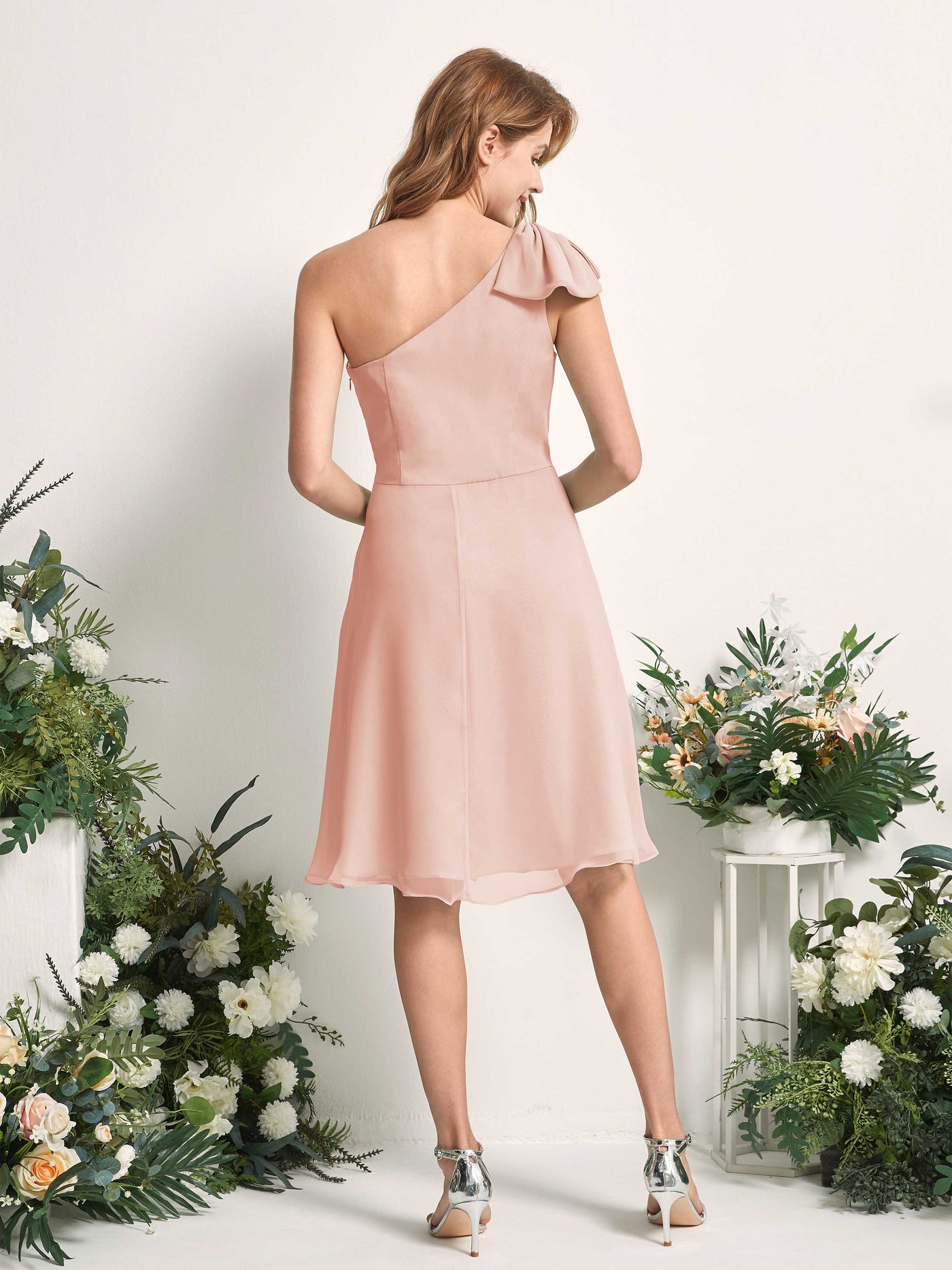 Bridesmaid Dress A-line Chiffon One Shoulder Knee Length Sleeveless Wedding Party Dress - Pearl Pink (81227008)#color_pearl-pink