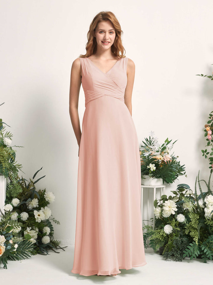 Bridesmaid Dress A-line Chiffon Straps Full Length Sleeveless Wedding Party Dress - Pearl Pink (81227308)