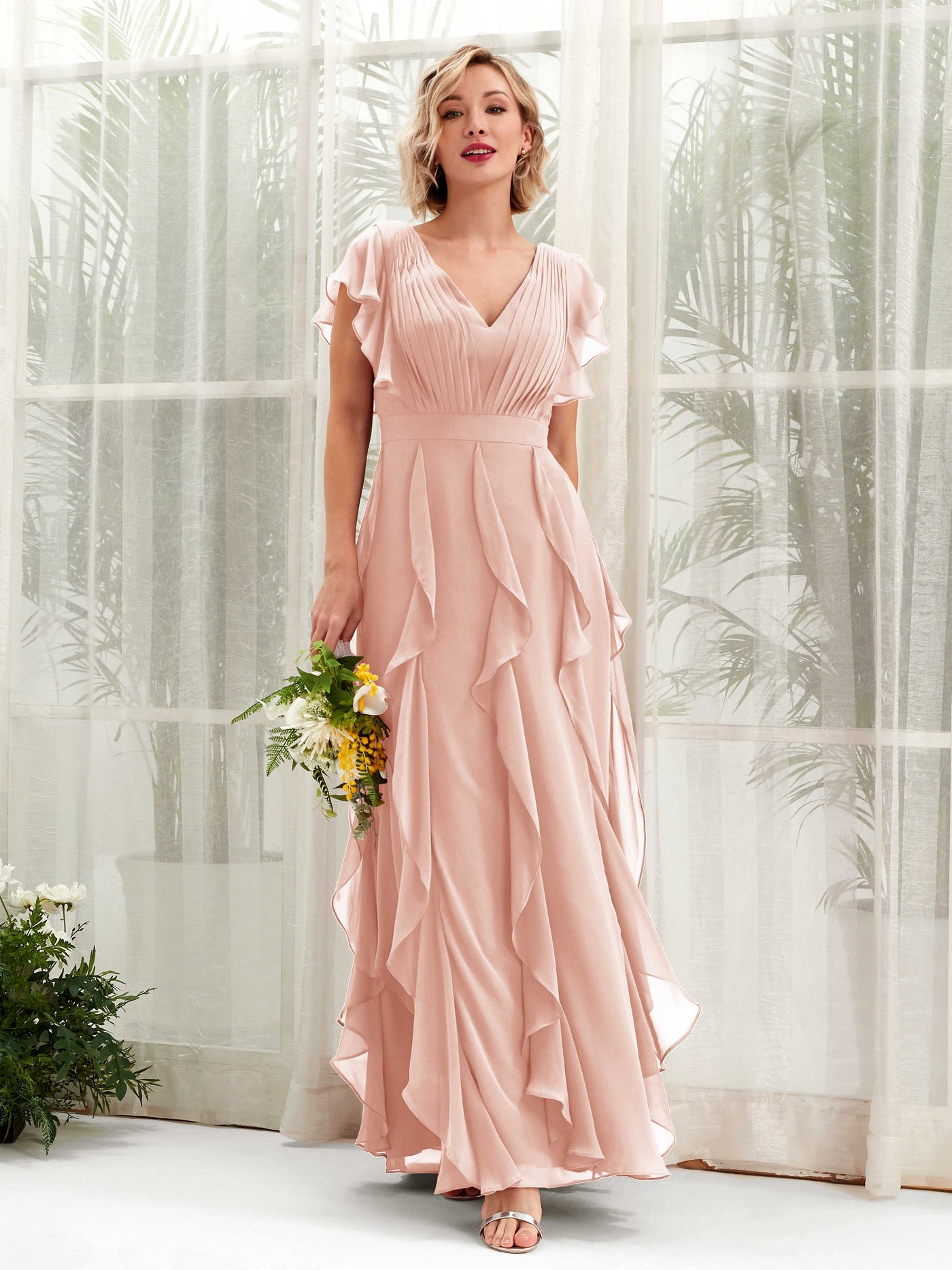 A-line Open back V-neck Short Sleeves Chiffon Bridesmaid Dress - Pearl Pink (81226008)#color_pearl-pink