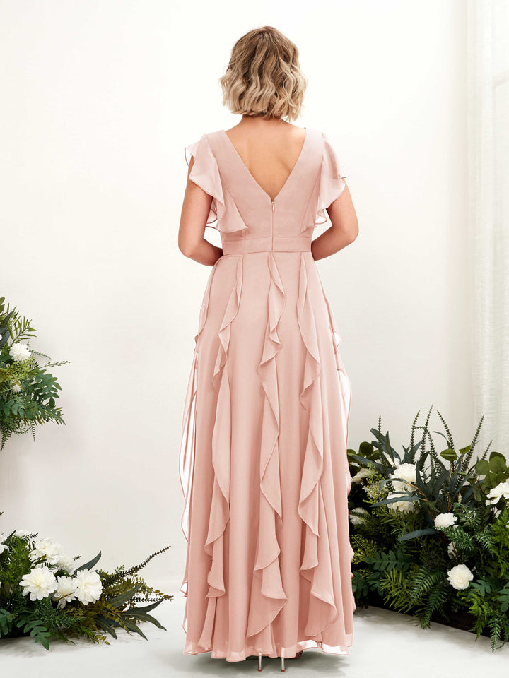 Martini Olive Chiffon Bridesmaid Dress A-Line Maxi Flutter Sleeve V-Neck