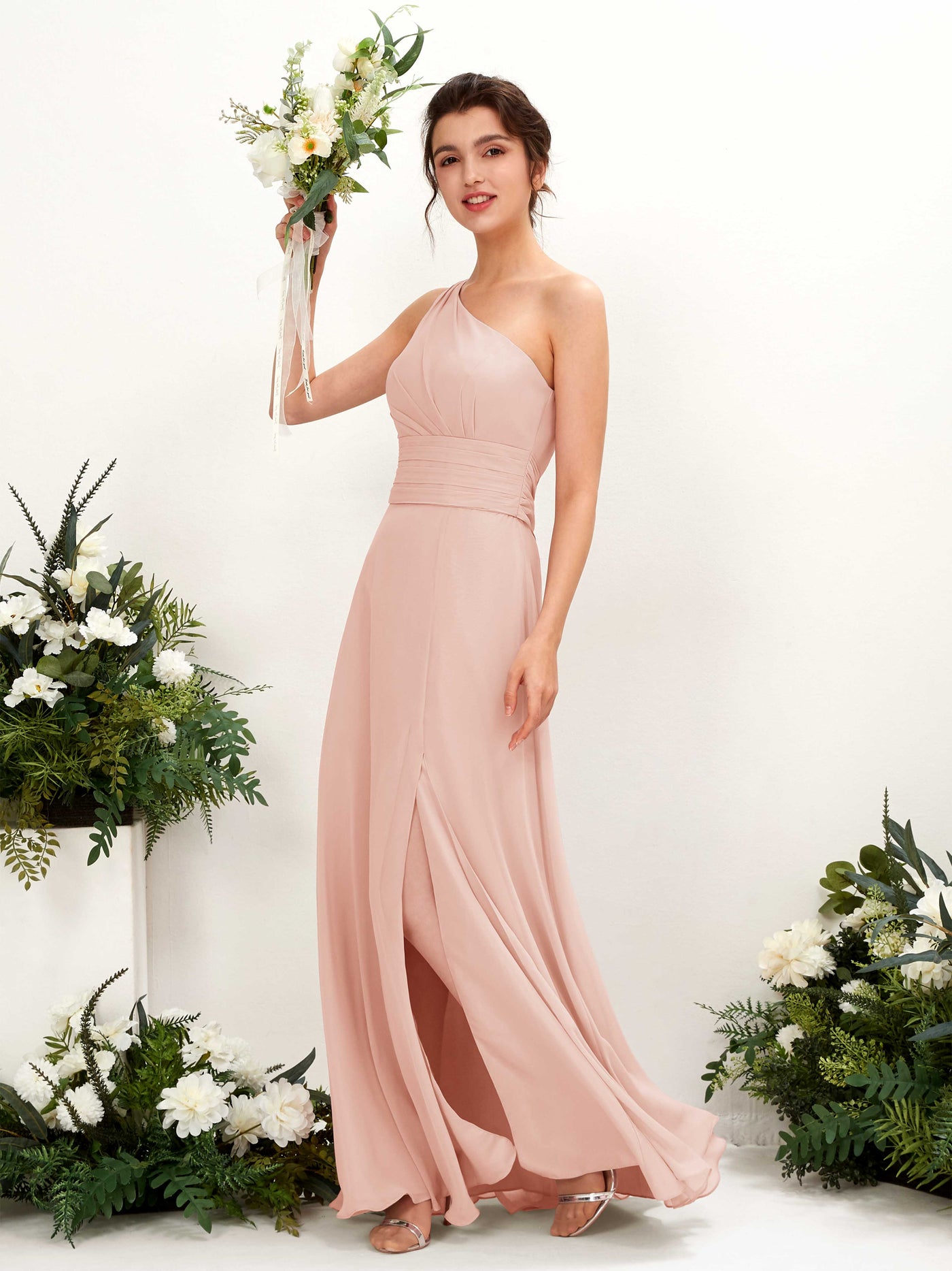 Pearl Pink Bridesmaid Dresses Bridesmaid Dress A-line Chiffon One Shoulder Full Length Sleeveless Wedding Party Dress (81224708)#color_pearl-pink