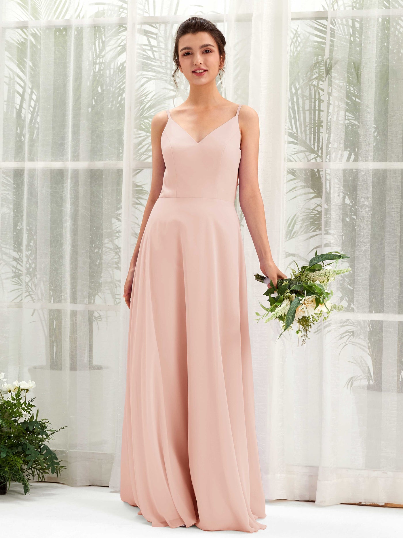 Pearl Pink Bridesmaid Dresses Bridesmaid Dress A-line Chiffon Spaghetti-straps Full Length Sleeveless Wedding Party Dress (81220608)#color_pearl-pink