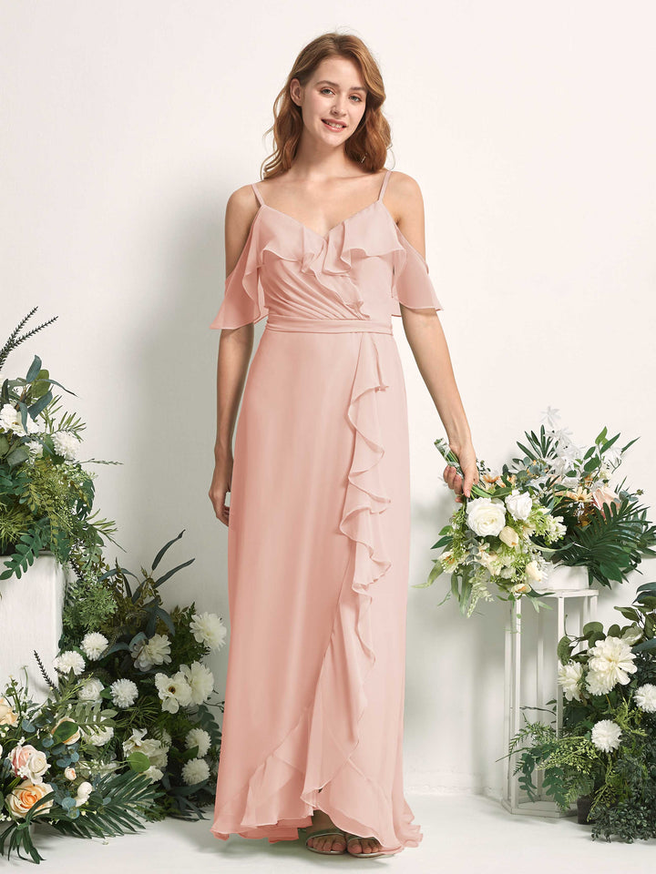 Bridesmaid Dress A-line Chiffon Spaghetti-straps Full Length Sleeveless Wedding Party Dress - Pearl Pink (81227408)