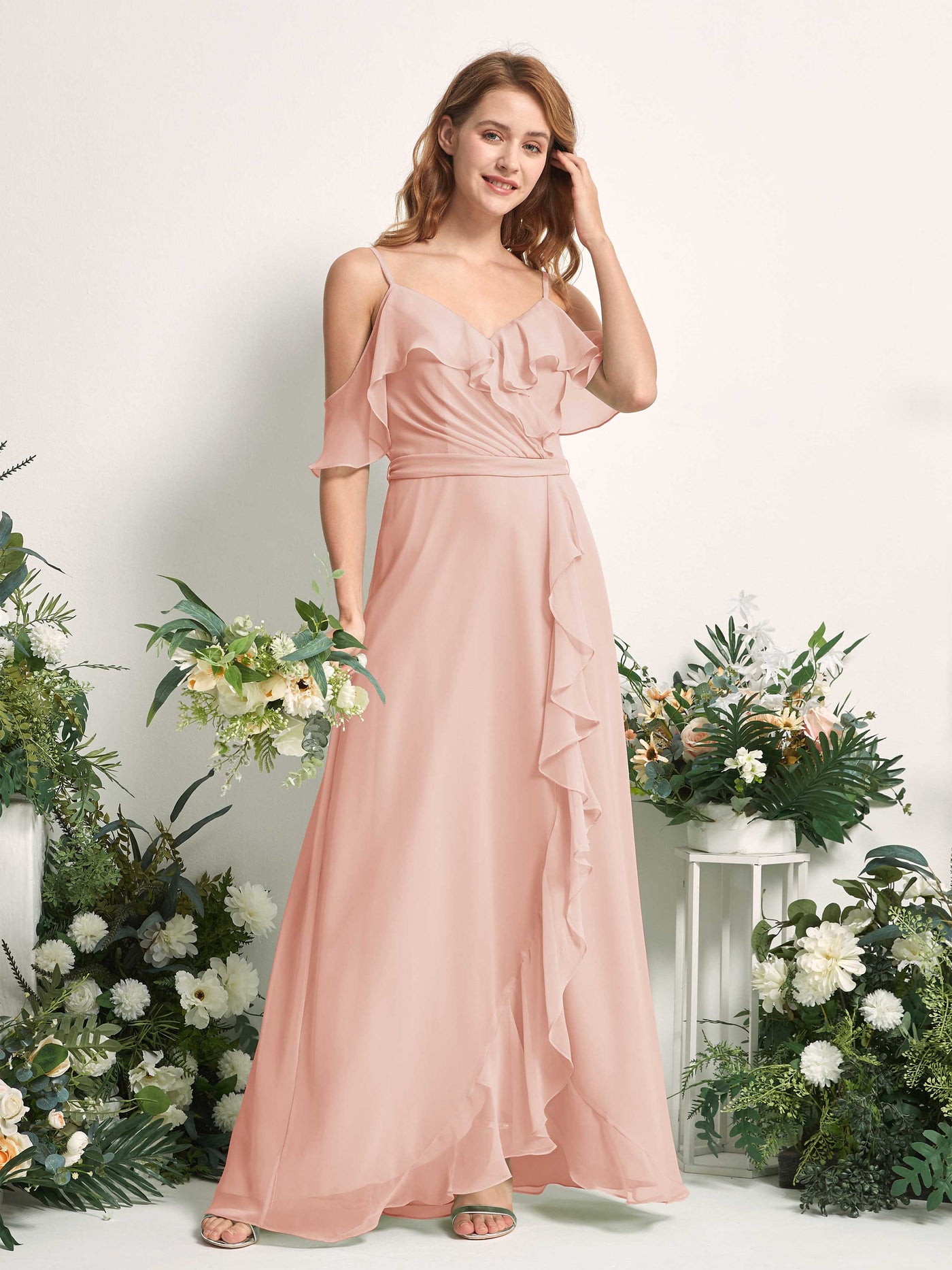 Bridesmaid Dress A-line Chiffon Spaghetti-straps Full Length Sleeveless Wedding Party Dress - Pearl Pink (81227408)#color_pearl-pink