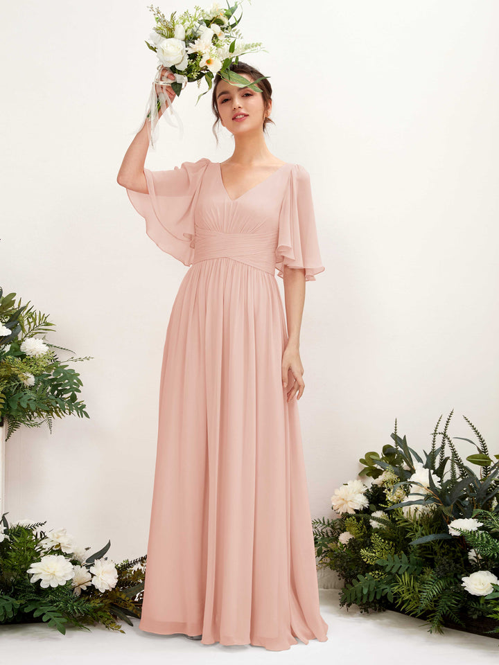 Pearl Pink Bridesmaid Dresses Bridesmaid Dress A-line Chiffon V-neck Full Length 1/2 Sleeves Wedding Party Dress (81221608)