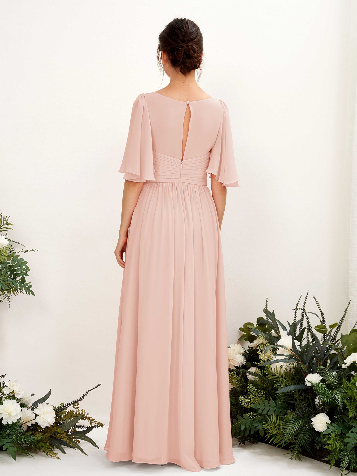 Pearl Pink Bridesmaid Dresses Bridesmaid Dress A-line Chiffon V-neck Full Length 1/2 Sleeves Wedding Party Dress (81221608)#color_pearl-pink