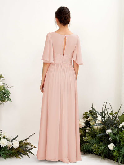Carlyna Odette A-Line Pearl Pink Bridesmaid Dress Maxi Short Sleeve V-Neck Dress Back View #color_pearl-pink