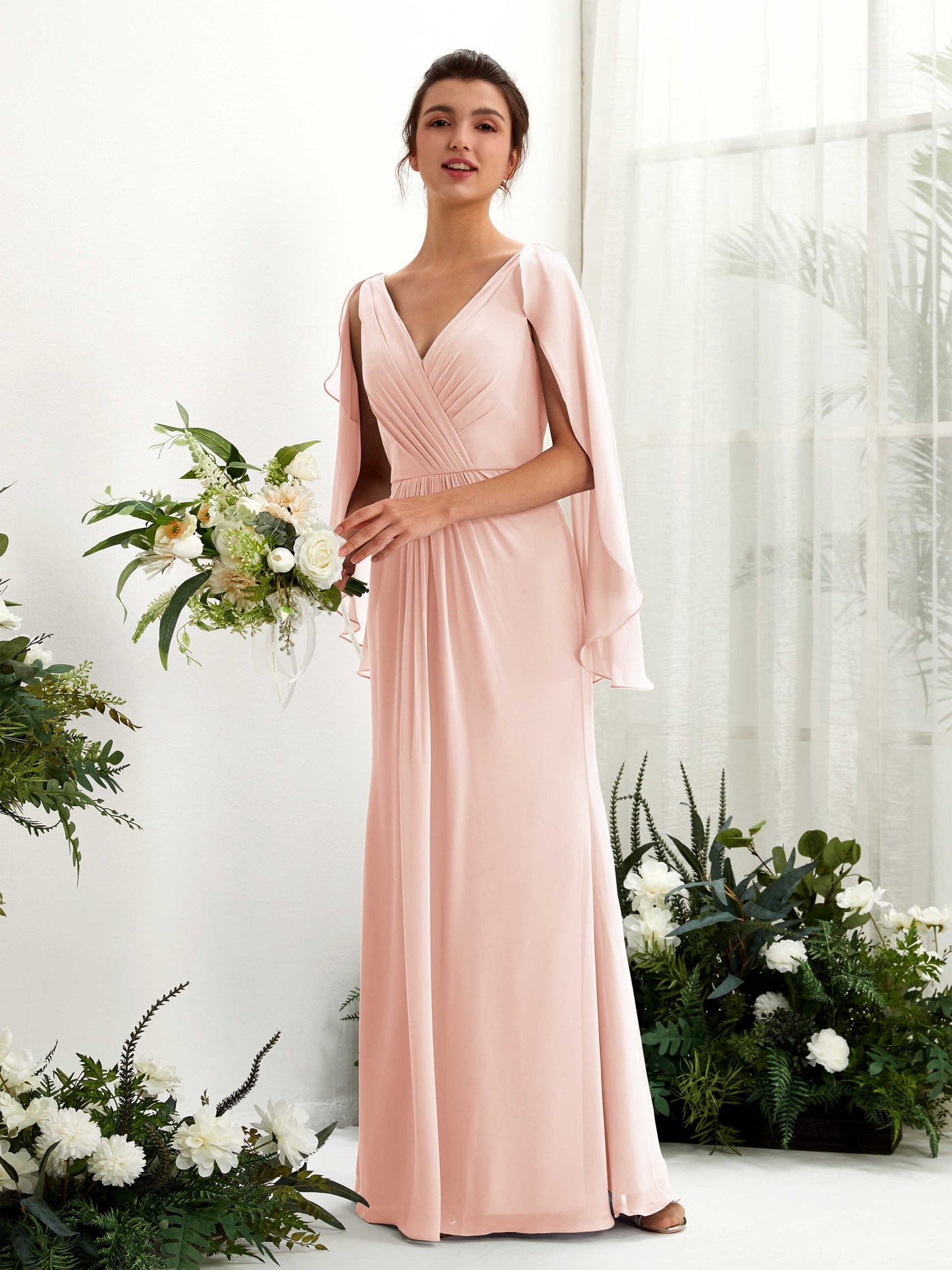 Pearl Pink Bridesmaid Dresses Bridesmaid Dress A-line Chiffon Straps Full Length Long Sleeves Wedding Party Dress (80220108)#color_pearl-pink