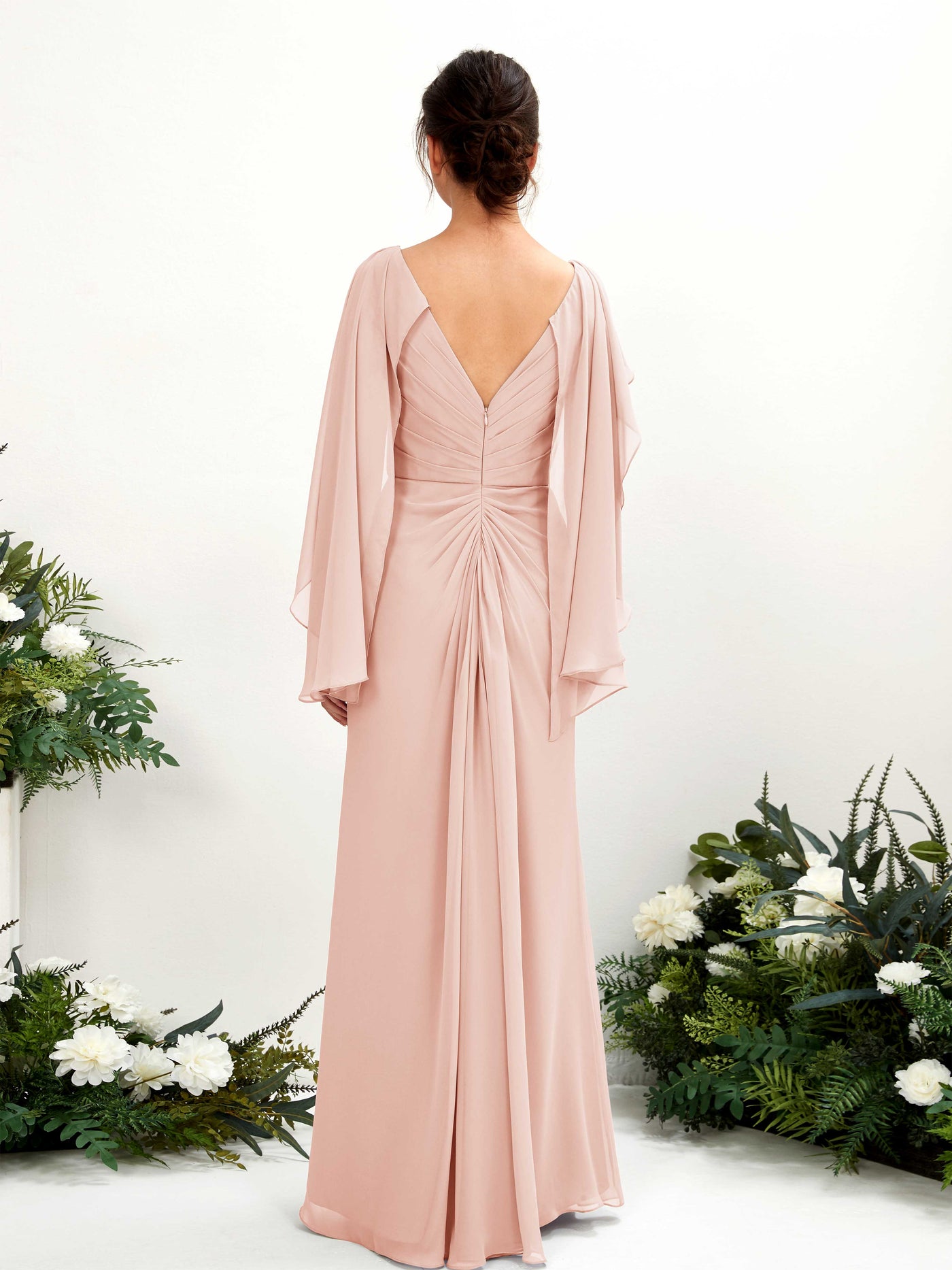Pearl Pink Bridesmaid Dresses Bridesmaid Dress A-line Chiffon Straps Full Length Long Sleeves Wedding Party Dress (80220108)#color_pearl-pink
