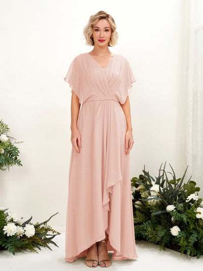 Carlyna Soleil A-Line Pearl Pink Bridesmaid Dress Maxi Short Sleeve V-Neck Dress Front View #color_pearl-pink