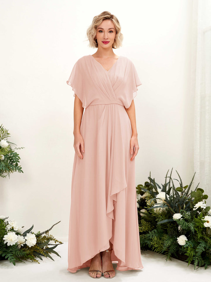 Pearl Pink Bridesmaid Dresses Bridesmaid Dress A-line Chiffon V-neck Full Length Short Sleeves Wedding Party Dress (81222108)