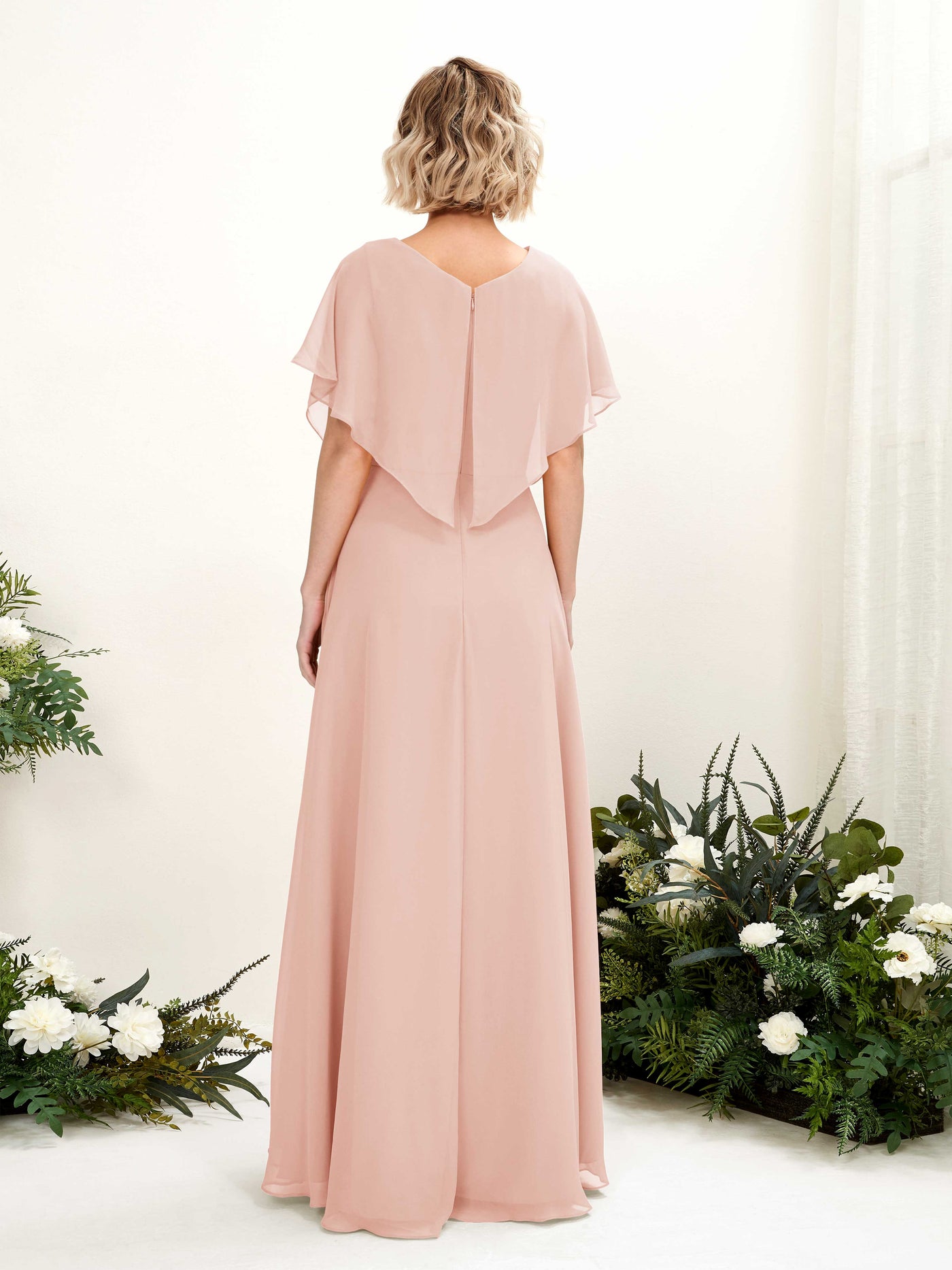 Pearl Pink Bridesmaid Dresses Bridesmaid Dress A-line Chiffon V-neck Full Length Short Sleeves Wedding Party Dress (81222108)#color_pearl-pink