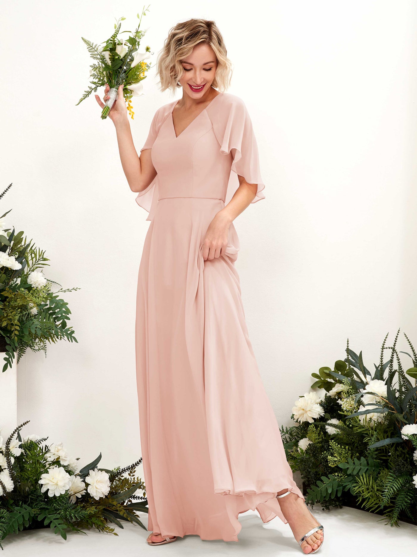 Pearl Pink Bridesmaid Dresses Bridesmaid Dress A-line Chiffon V-neck Full Length Short Sleeves Wedding Party Dress (81224408)#color_pearl-pink