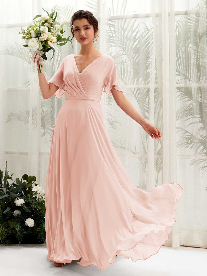 Pearl Pink Bridesmaid Dresses Bridesmaid Dress A-line Chiffon V-neck Full Length Short Sleeves Wedding Party Dress (81224608)