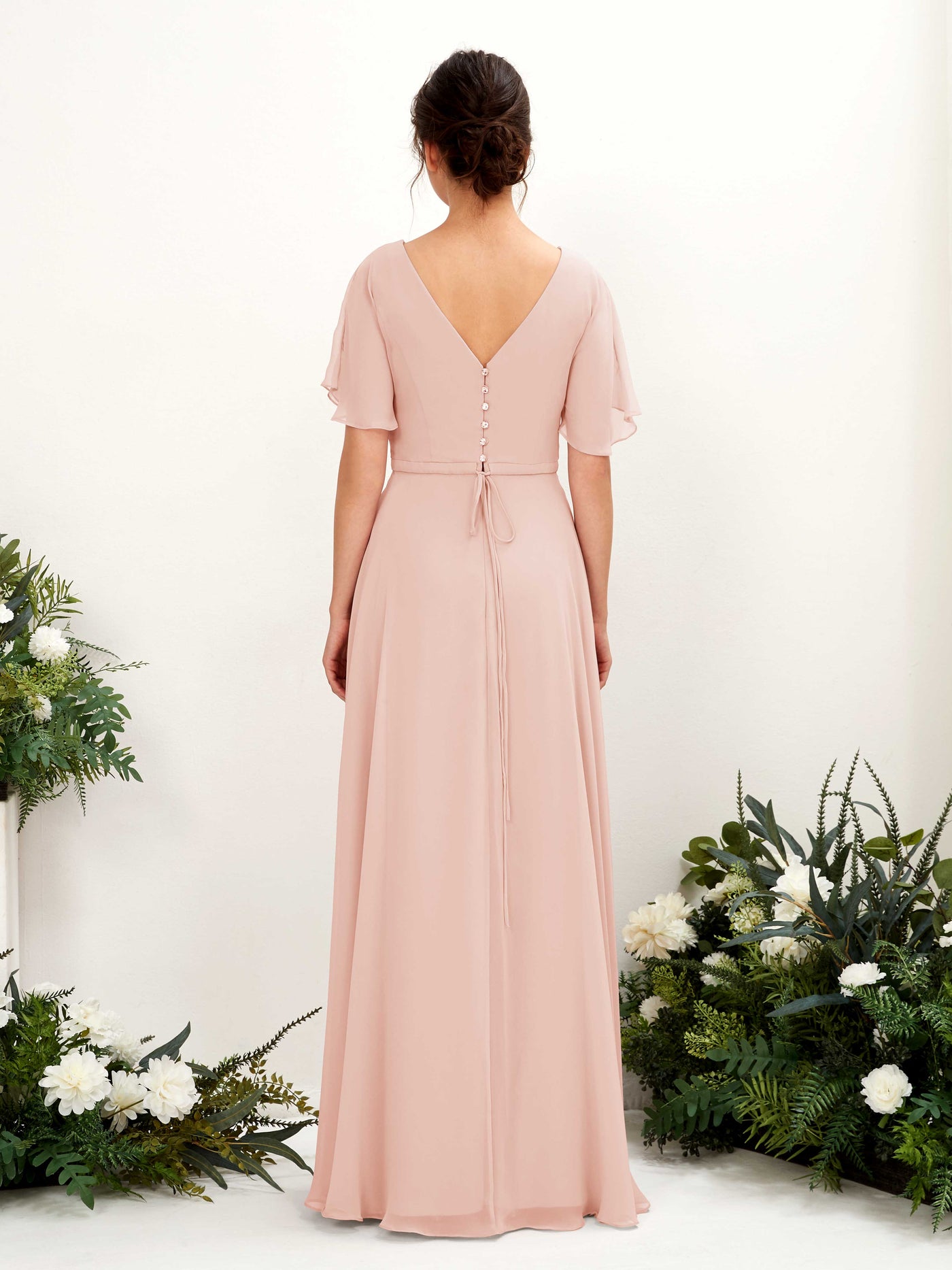 Pearl Pink Bridesmaid Dresses Bridesmaid Dress A-line Chiffon V-neck Full Length Short Sleeves Wedding Party Dress (81224608)#color_pearl-pink