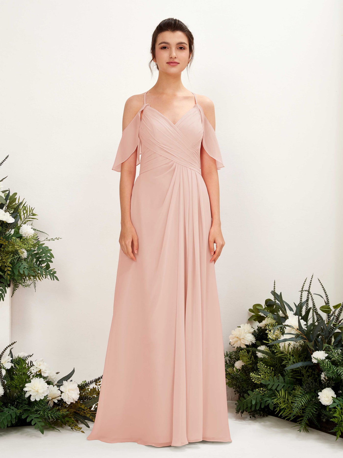 Ball Gown Off Shoulder Spaghetti-straps Chiffon Bridesmaid Dress - Pearl Pink (81221708)#color_pearl-pink