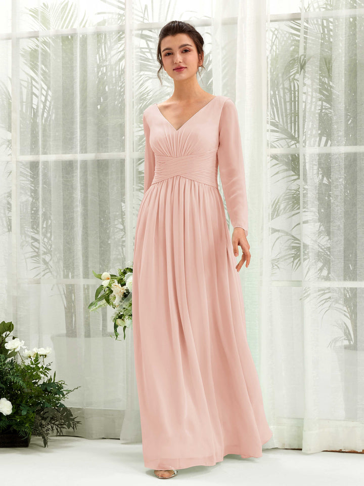Pearl Pink Bridesmaid Dresses Bridesmaid Dress A-line Chiffon V-neck Full Length Long Sleeves Wedding Party Dress (81220308)