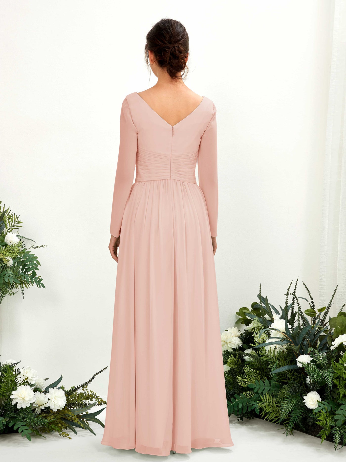 Pearl Pink Bridesmaid Dresses Bridesmaid Dress A-line Chiffon V-neck Full Length Long Sleeves Wedding Party Dress (81220308)#color_pearl-pink