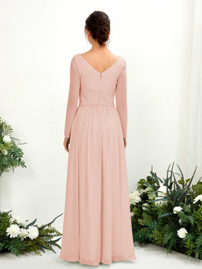 Carlyna Coline A-Line Pearl Pink Bridesmaid Dress Maxi Long Sleeve V-Neck Back View #color_pearl-pink