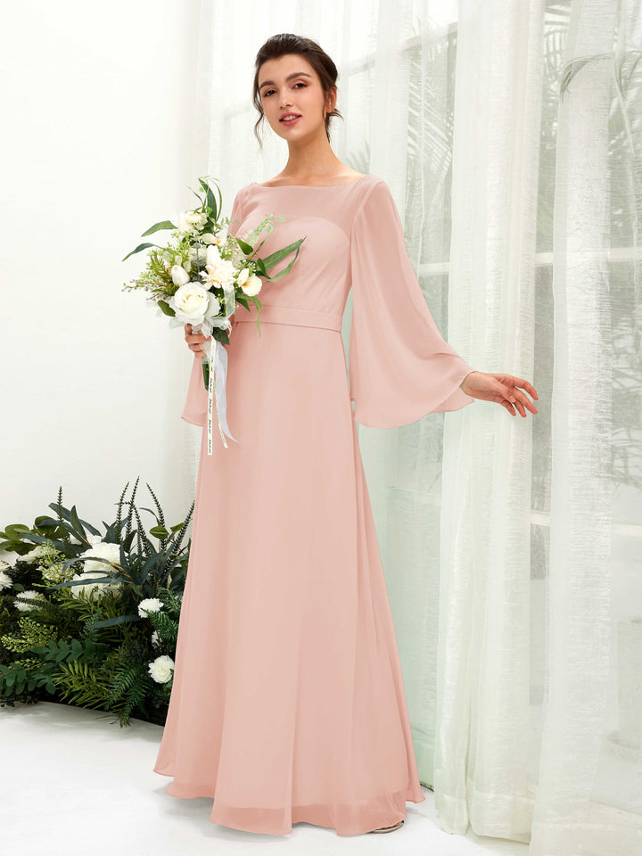 Pearl Pink Bridesmaid Dresses Bridesmaid Dress A-line Chiffon Bateau Full Length Long Sleeves Wedding Party Dress (81220508)
