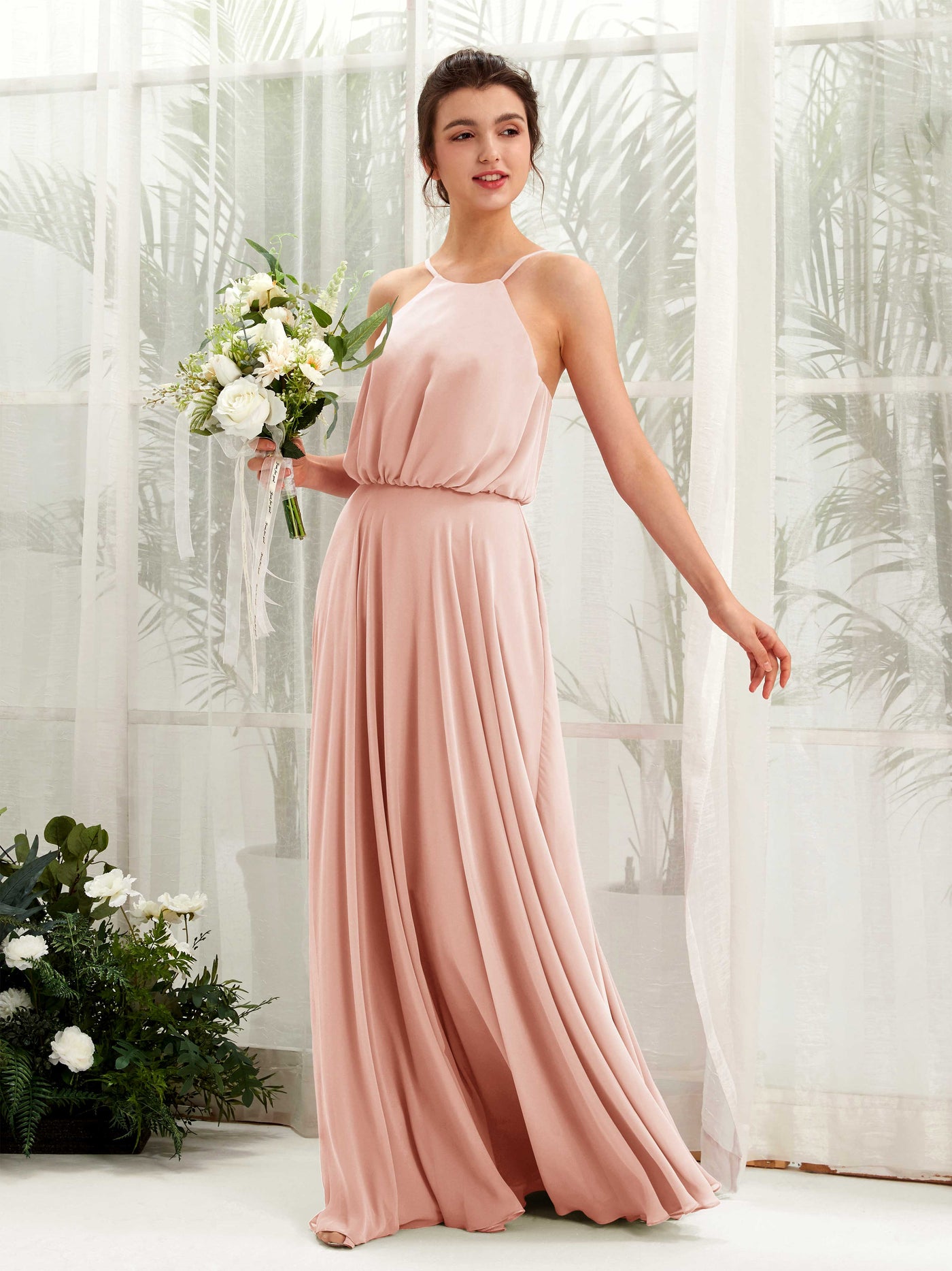 Pearl Pink Bridesmaid Dresses Bridesmaid Dress Ball Gown Chiffon Halter Full Length Sleeveless Wedding Party Dress (81223408)#color_pearl-pink