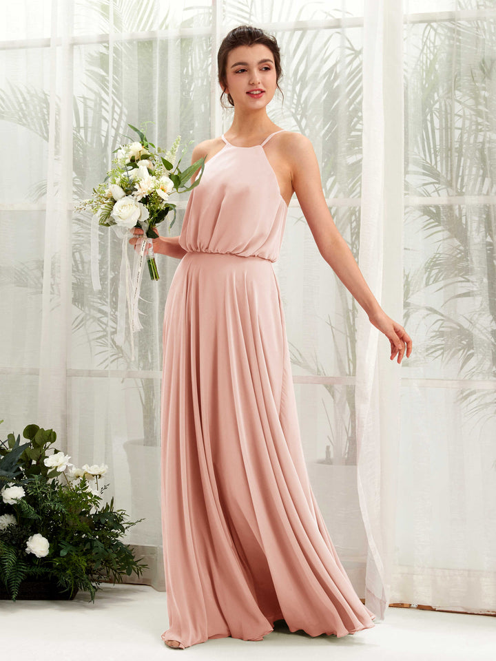 Pearl Pink Bridesmaid Dresses Bridesmaid Dress Ball Gown Chiffon Halter Full Length Sleeveless Wedding Party Dress (81223408)