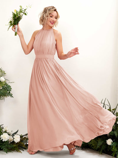 Pearl Pink Bridesmaid Dresses Bridesmaid Dress A-line Chiffon Halter Full Length Sleeveless Wedding Party Dress (81223108)#color_pearl-pink