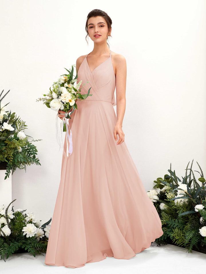 Halter V-neck Sleeveless Chiffon Bridesmaid Dress - Pearl Pink (81221008)
