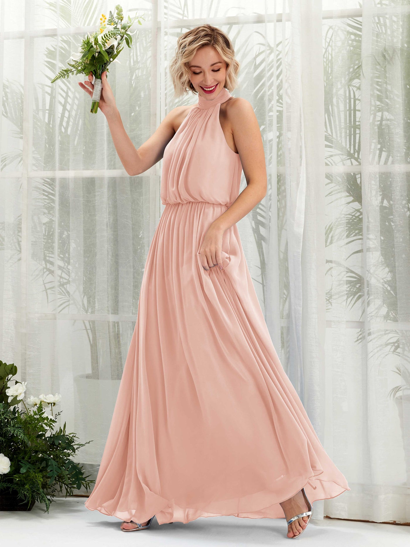 Pearl Pink Bridesmaid Dresses Bridesmaid Dress A-line Chiffon Halter Full Length Sleeveless Wedding Party Dress (81222908)#color_pearl-pink