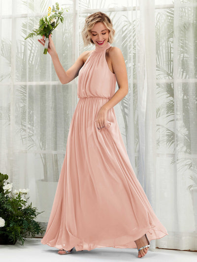 Carlyna Bess A-Line Pearl Pink Bridesmaid Dress Maxi Sleeveless Halter Dress Front View #color_pearl-pink